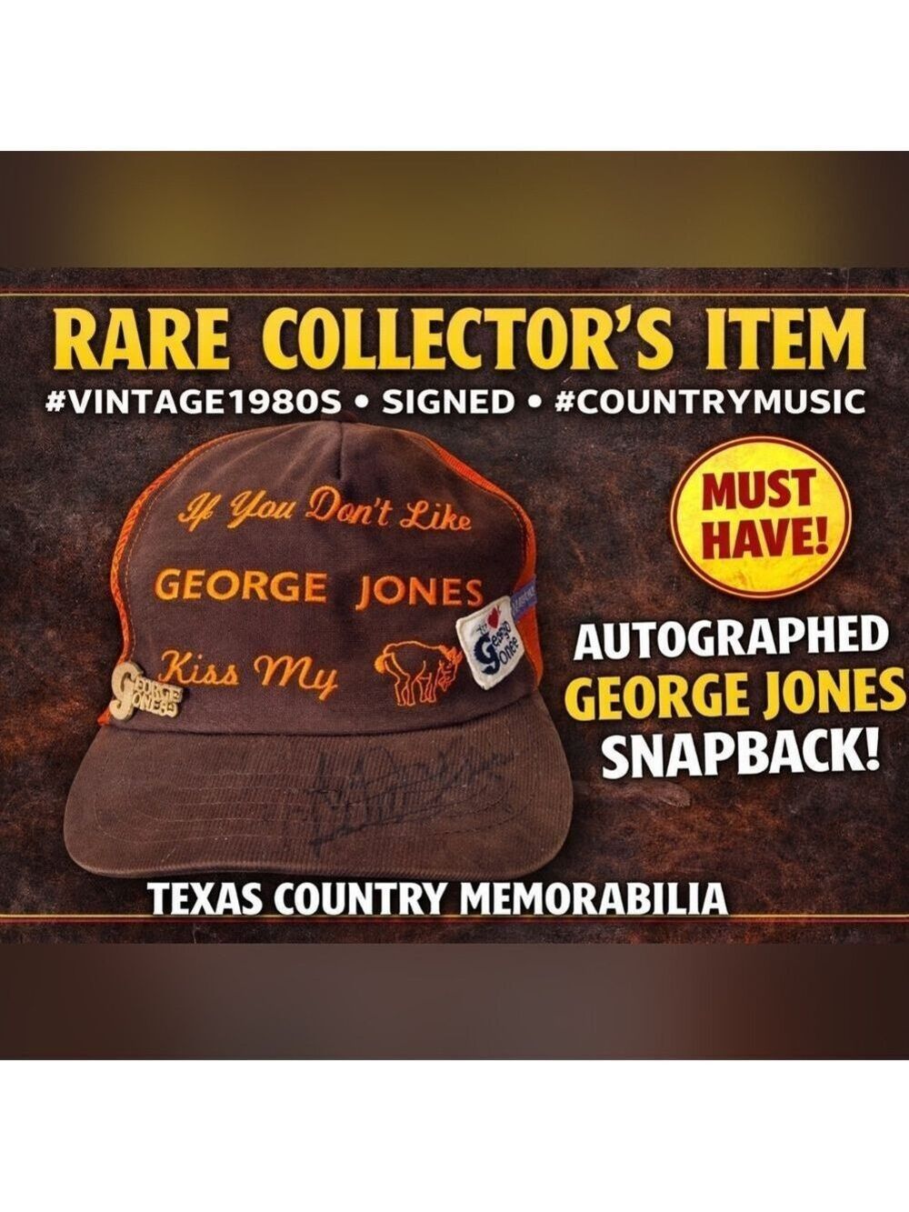 George Jones Autographed Vintage 1980s Snapback Hat Jones Country Park Texas